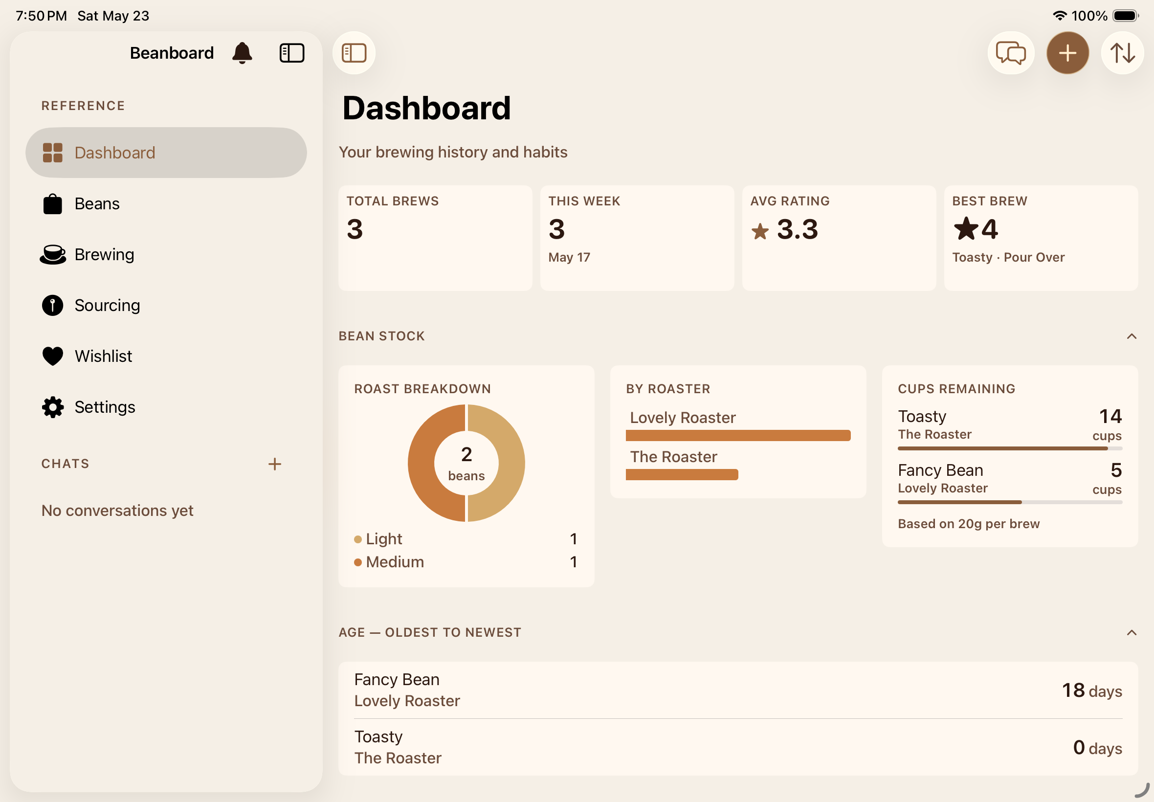 Beanboard iPad app — Bean Cellar view